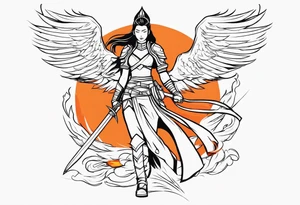 female warrior with phoenix and weapons tattoo idea