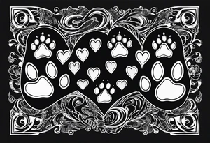four dog paws with dark background connecting them, individual and disconnected tribal heart far above all four paws and no dark background tattoo idea