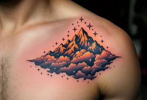 Inked in a burning gradient from red to orange, the quote “Through hardships to the stars” rises over storm clouds into twinkling silver stars. tattoo idea