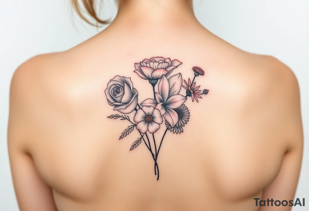 Bouquet of al these flower; Rose, carnation, lily, aster, larksper tattoo idea