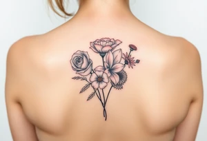 Bouquet of al these flower; Rose, carnation, lily, aster, larksper tattoo idea
