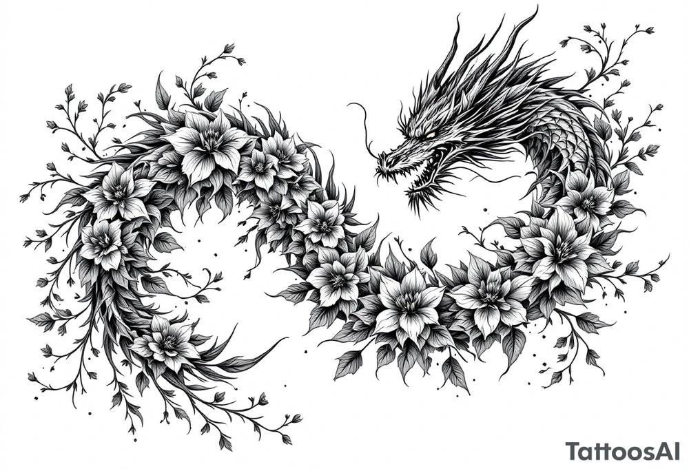 majestic dragon with flowers tattoo idea