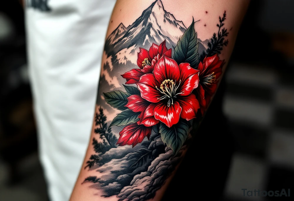 red  and black rhododendron trippy with Himalayas behind tattoo idea
