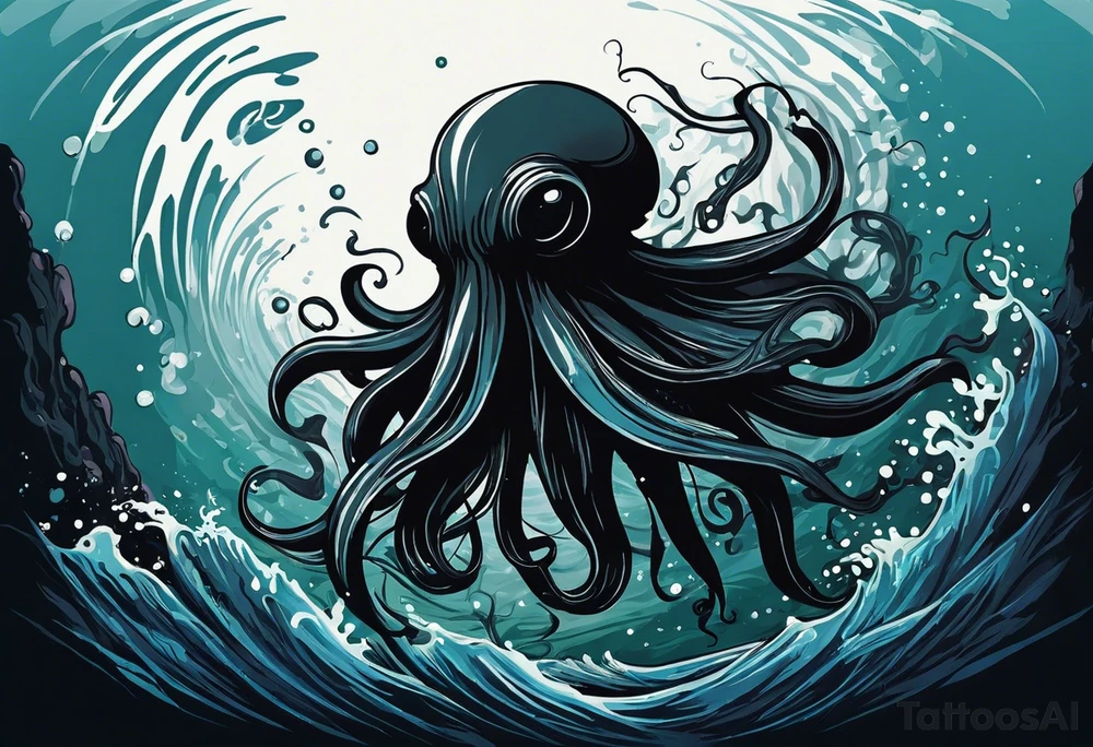 A visual representation of the horror squid concept, showing the squid becoming invisible in ink, its body turning black to blend in with its deep sea environment. The overall environment is dark, creating an eerie underwater atmosphere. tattoo idea