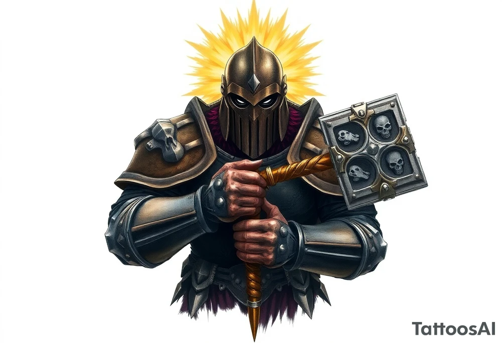 Warhammer, the Old World. A warrior priest of Sigmar holding The Warhammer of Sigmar. The Warhammer of Sigmar is radiating thunderous energy. The Warhammer is held by the warrior priest with both hands at the shaft with a firm grip, upon his chest level. The Warrior priest is wearing dark alloyed heavy armour (reference armor from warhammer vermintide 2 Victor Saltzpyres, the warrior priest of Sigmar class) with skull sigils on his shoulder pads. The warrior priest is wearing a helmet, while the helmets front visor has an humanoid metal face covering. The helmet and armour are gladened with hints of gold and crimson red. The Warhammer is silverish and golden with a long shaft with twisted carvings. tattoo idea