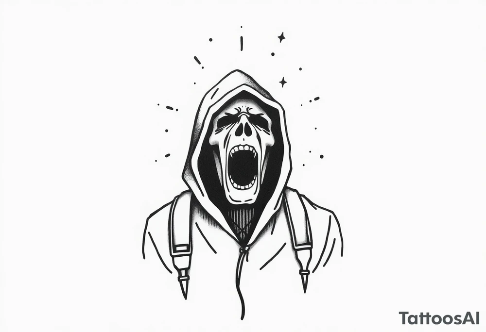 Confusion and pressure in thin lines on screaming solo traveler with no face tattoo idea
