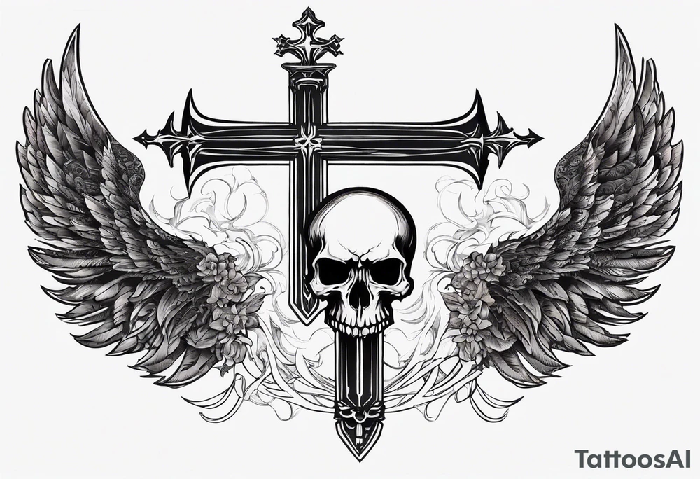 In the center is a half skull pierced by a large sword. On either side of the skull, there are spread angel wings, Beneath the skull is a ribbon cross elements on that, ribbon weaves through both the skull and the sword tattoo idea