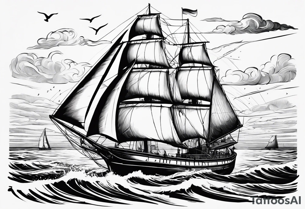 phare maritime dans un bateau a voiles vu du devant. tattoo idea