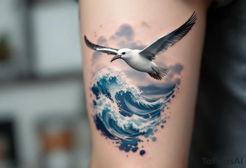 Soaring Albatross over Ocean Waves – A large albatross in mid-flight with outstretched wings above deep blue crashing waves, inked in shades of white, gray, and navy blue with subtle sky gradients in the background. tattoo idea