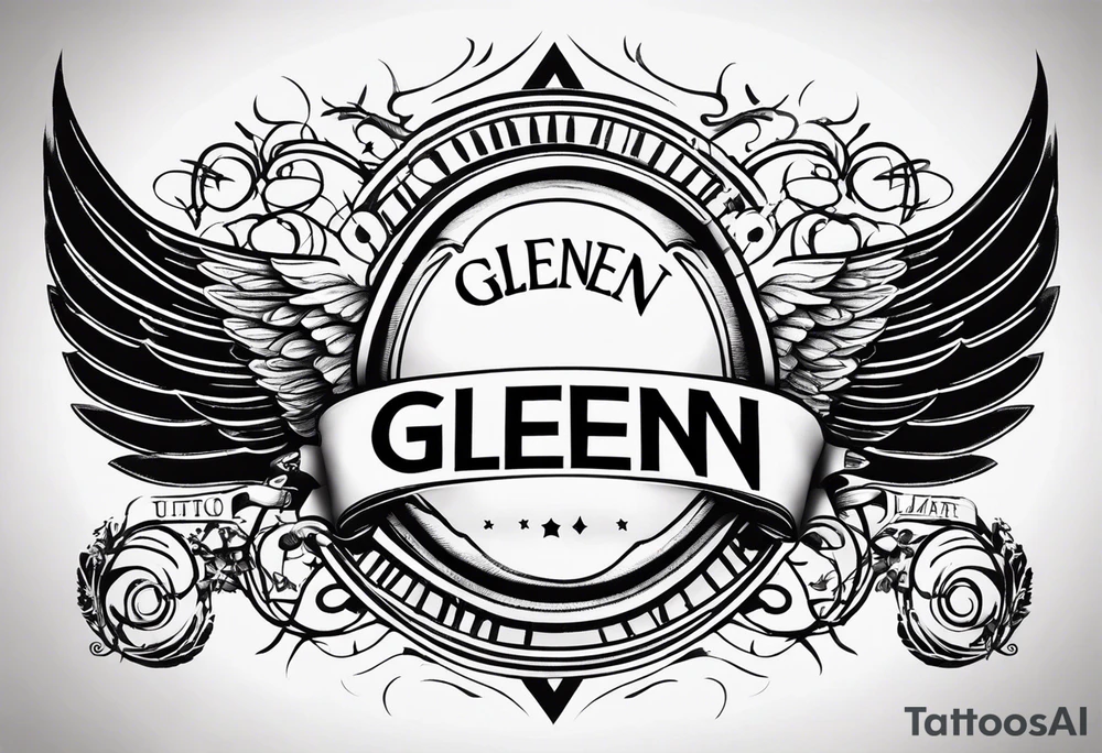 A simple tattoo with the word Glenn on a banner with angel Wings tattoo idea