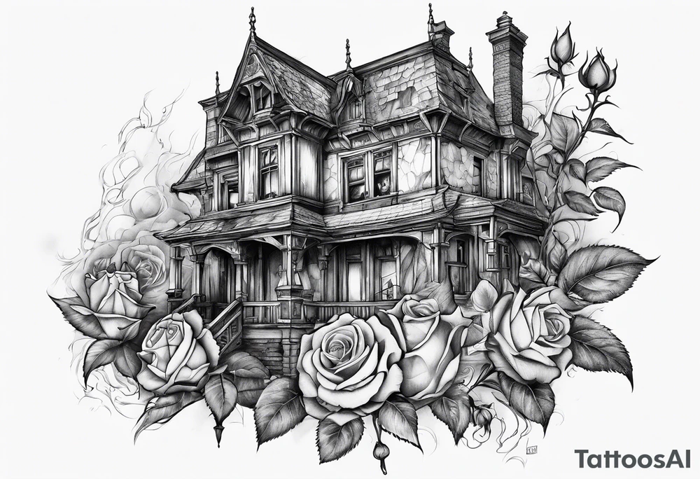 fool sleeve,, abandoned old gotic house, broken sword, roses, tattoo idea