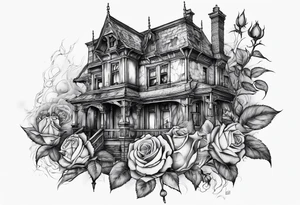 fool sleeve,, abandoned old gotic house, broken sword, roses, tattoo idea