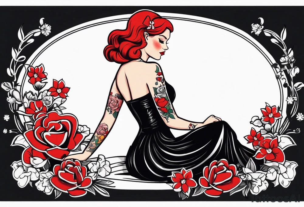 red head pin up girl wearing a black dress sitting in a sexy pose with a banner and flowers winding around her that says doll face tattoo idea