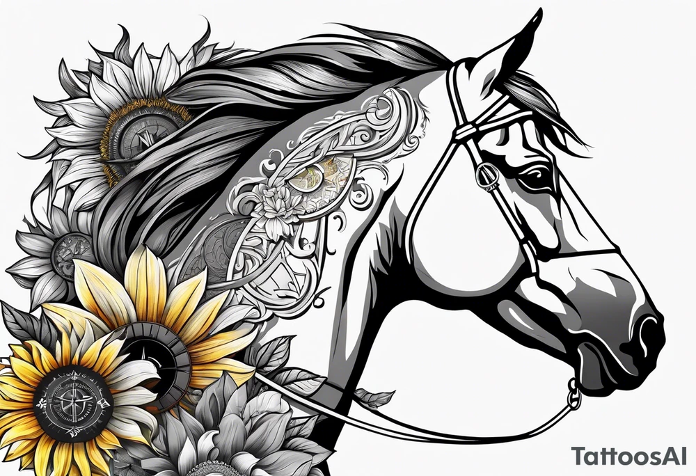 Horse, compass, sunflower tattoo idea