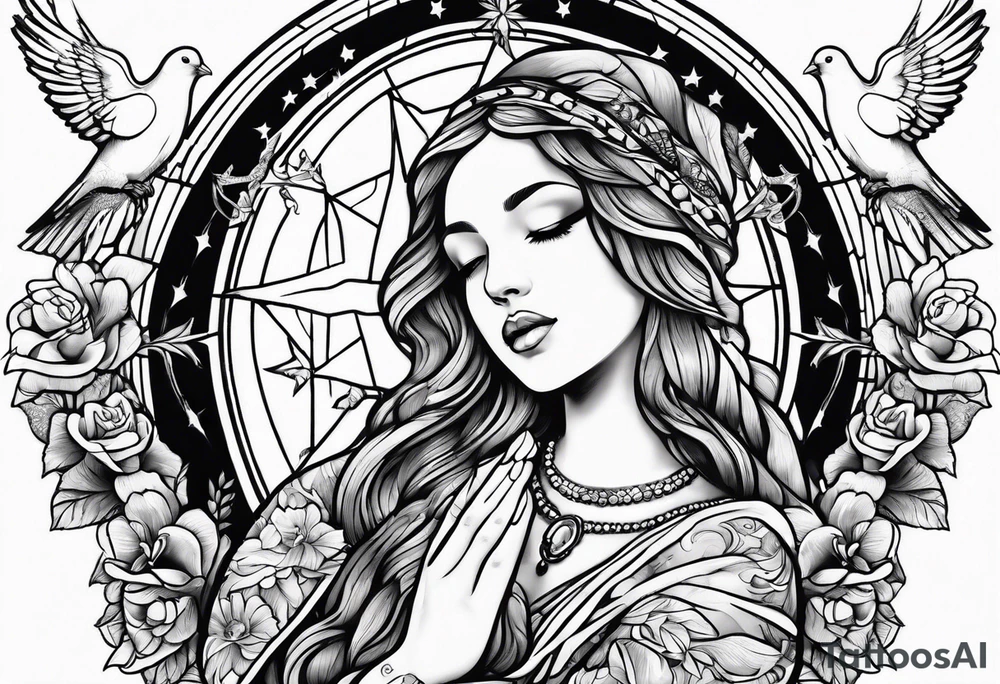 Woman praying hands with doves, full sleeve tattoo idea