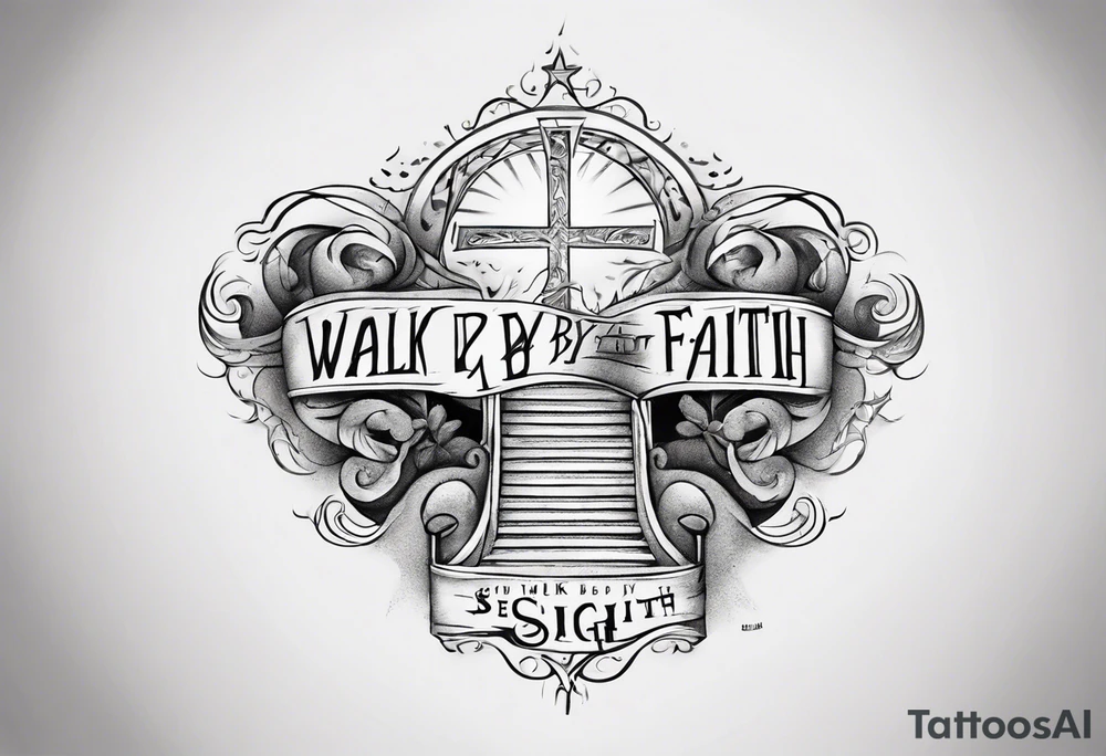Horizontal inner bicep tattoo. “walk by faith, not by sight” stairwell wrapping around the quote. This design captures the essence of the journey guided by faith. tattoo idea