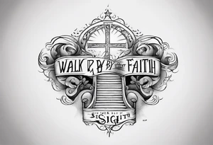 Horizontal inner bicep tattoo. “walk by faith, not by sight” stairwell wrapping around the quote. This design captures the essence of the journey guided by faith. tattoo idea
