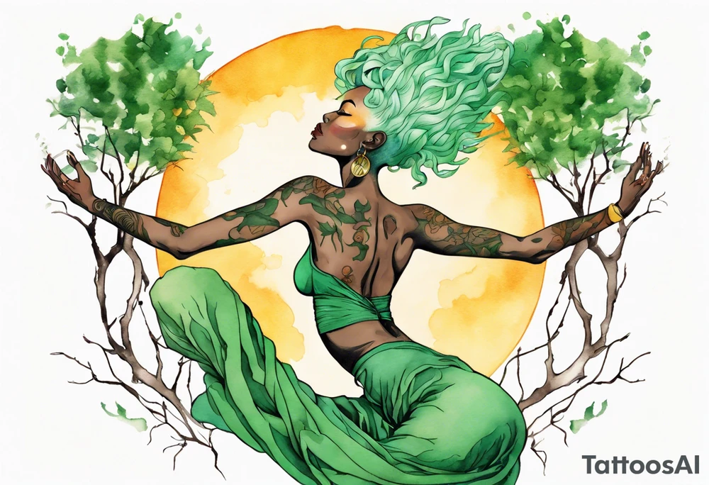 a black woman with green hair, her feet are tree roots, arms raised towards the sun tattoo idea