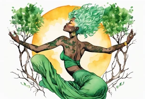 a black woman with green hair, her feet are tree roots, arms raised towards the sun tattoo idea