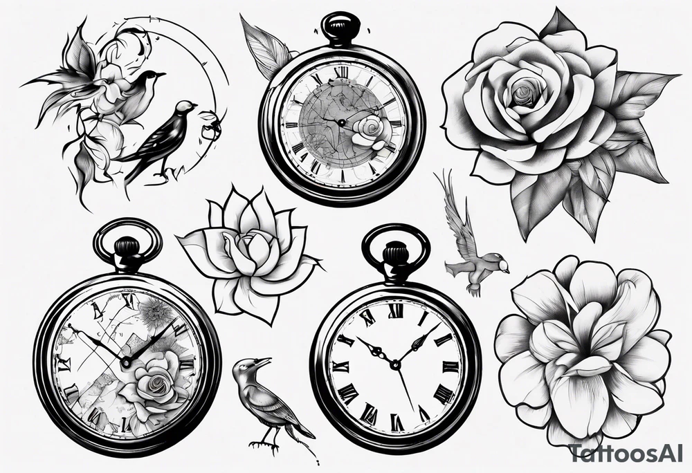 pocket watch, map , flower , bird tattoo idea