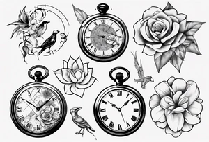 pocket watch, map , flower , bird tattoo idea