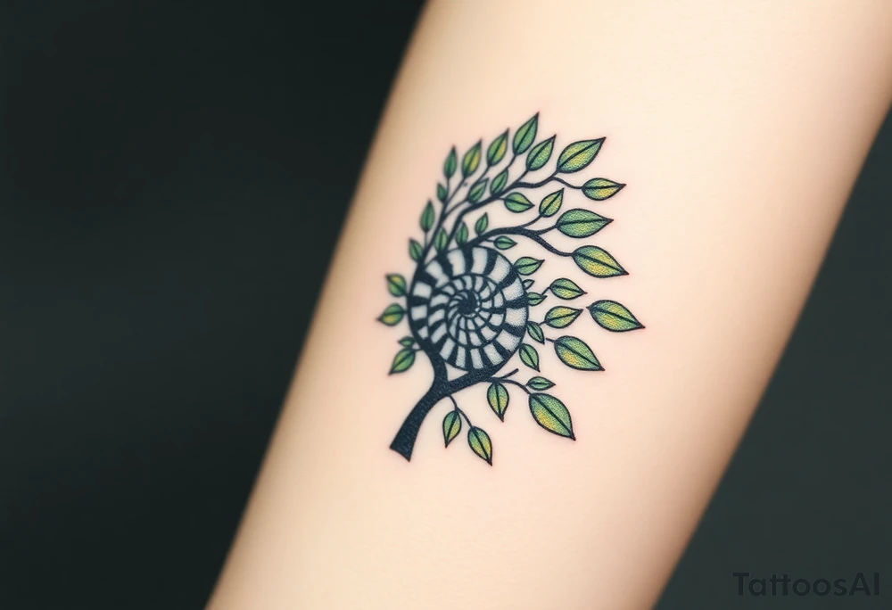 Fibonacci spiral shell inside of tree full of lots of leaves tattoo idea