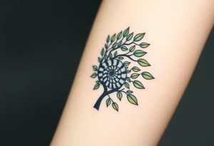 Fibonacci spiral shell inside of tree full of lots of leaves tattoo idea