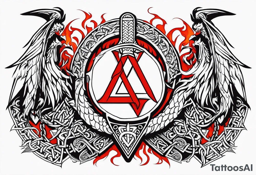 Valhalla sword shield dragon axe Valknut barbed wire chains fire tattoo idea