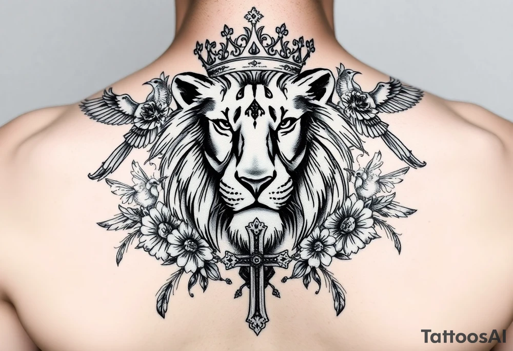 powerful majestic lion with a King crown, surrounded by floral oranaments and birds with a cross brought to backwards to seemingly fit and match tattoo idea