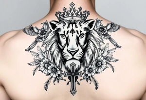 powerful majestic lion with a King crown, surrounded by floral oranaments and birds with a cross brought to backwards to seemingly fit and match tattoo idea