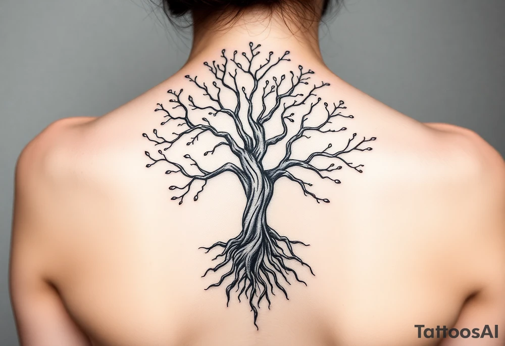 mystical tree of life with cosmic roots and celestial branches tattoo idea