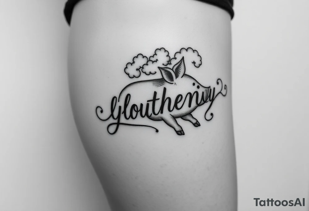 Storm clouds the word gluttony and sexy pig woman tattoo idea