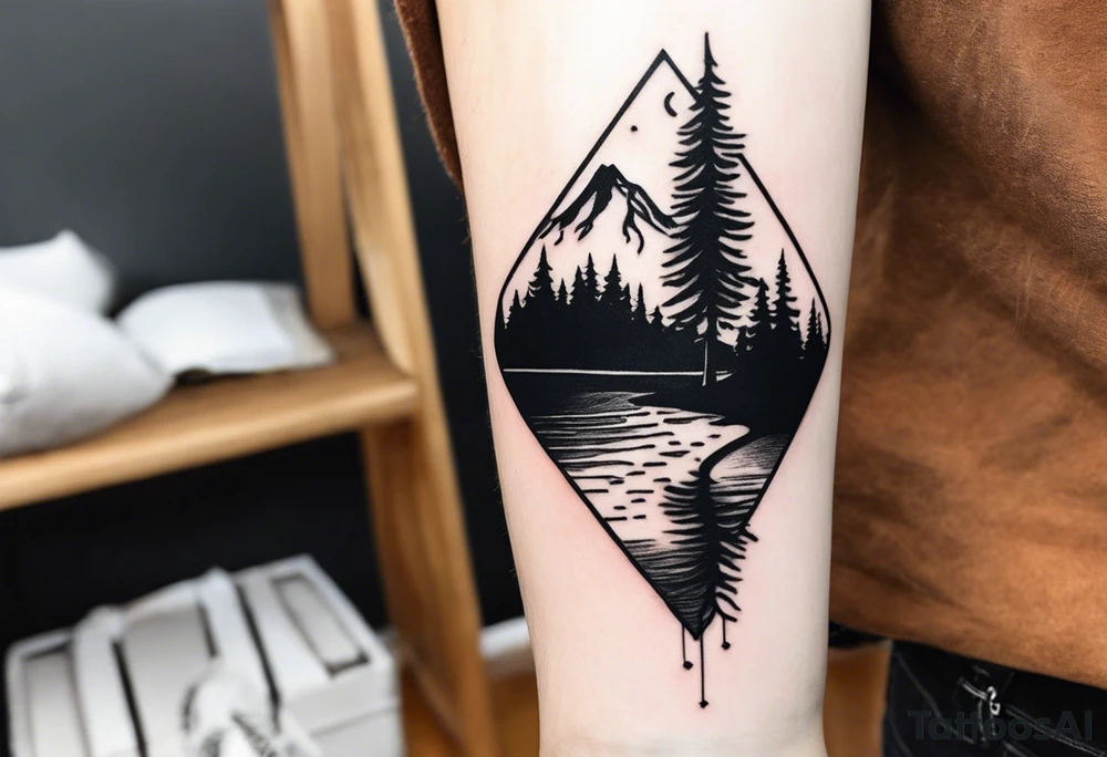 Small campfire in the center, right side: an evergreen tall tree, left side: mountain stream tattoo idea