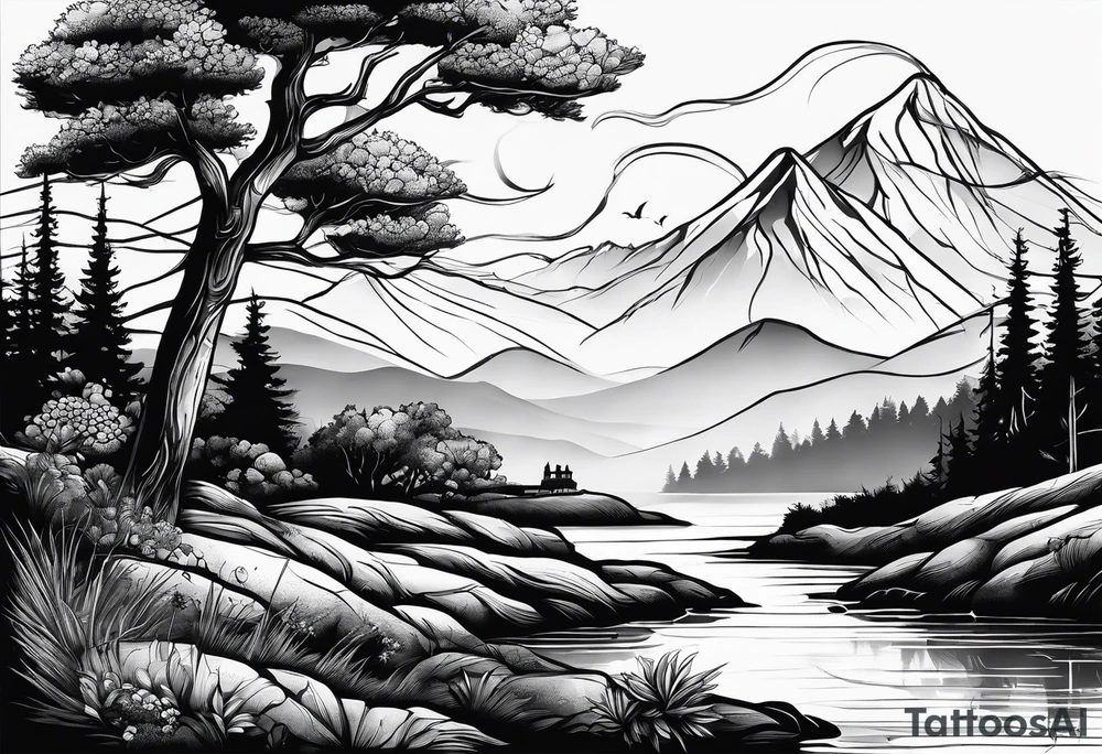 landscape and fishingpole and line with hook tattoo idea