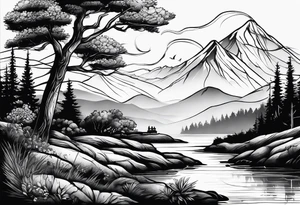 landscape and fishingpole and line with hook tattoo idea