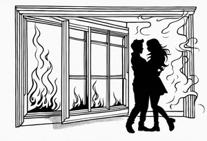 two people slow dancing in a burning room but the outside of the house is burning and you can only see them through a small window tattoo idea