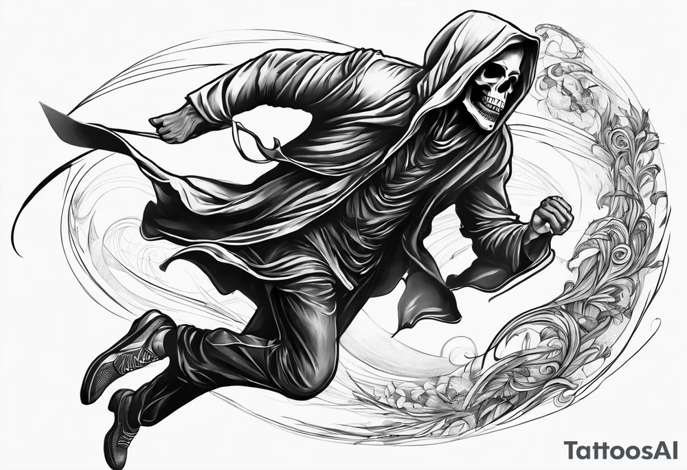 A picture showing a man chasing/running after the grim reaper tattoo idea