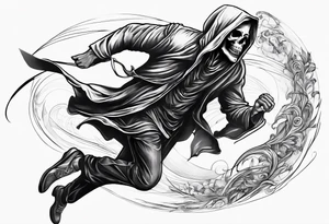 A picture showing a man chasing/running after the grim reaper tattoo idea