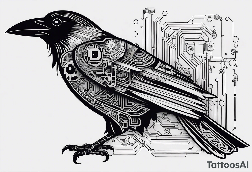 An epic-looking crow sitting on a perch with intricate circuit boards and PCB designs running throughout its feathers. The crow's eye features a tiny CPU fitting perfectly in its pupil. The tattoo will be placed on the outer bicep, primarily in black ink with a small splash of color to make certain elements pop. tattoo idea