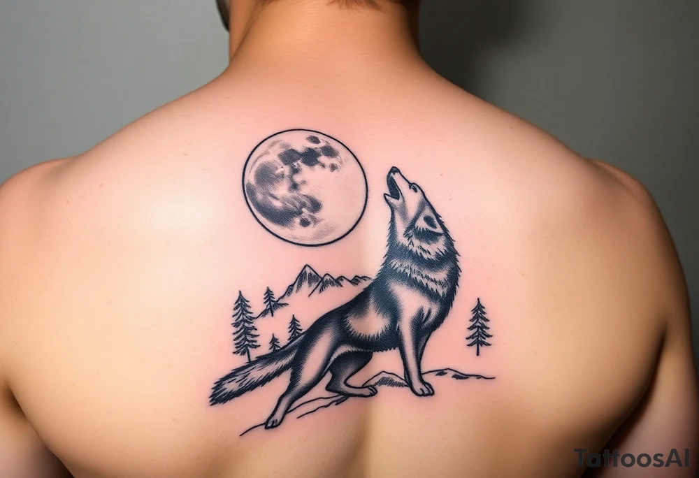 lone wolf howling at full moon with northern lights backdrop tattoo idea