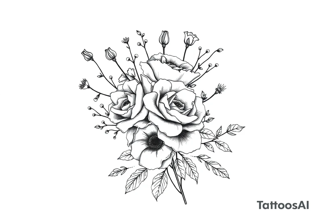 vintage bouquet of wild roses and meadow flowers with morning dew tattoo idea