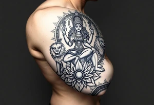 Realistic Durga sat on three lions
Surrounded by lotus chakra and mandala tattoo idea