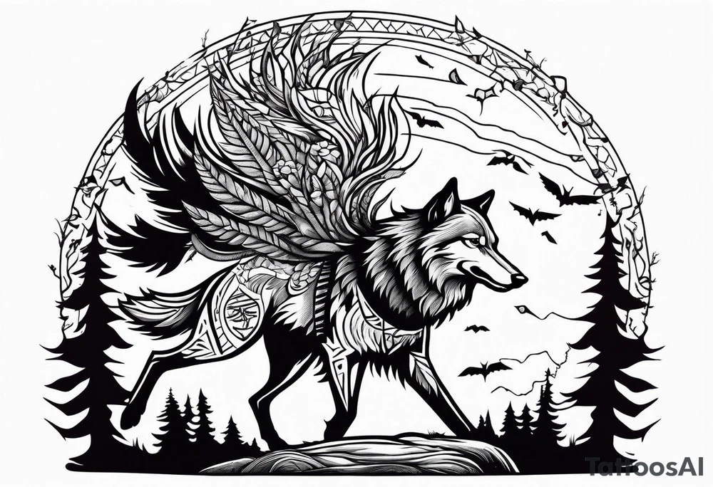 A powerful Wolf ist carrying a crow on His back
Background Woods and thorns tattoo idea