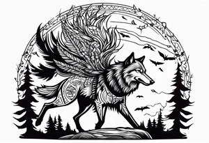 A powerful Wolf ist carrying a crow on His back
Background Woods and thorns tattoo idea