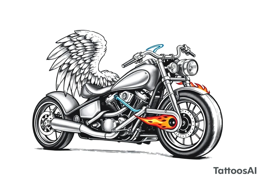 Low rider grey motorcycle, big muffler pipes with flames, angel wings, driving away, no person tattoo idea