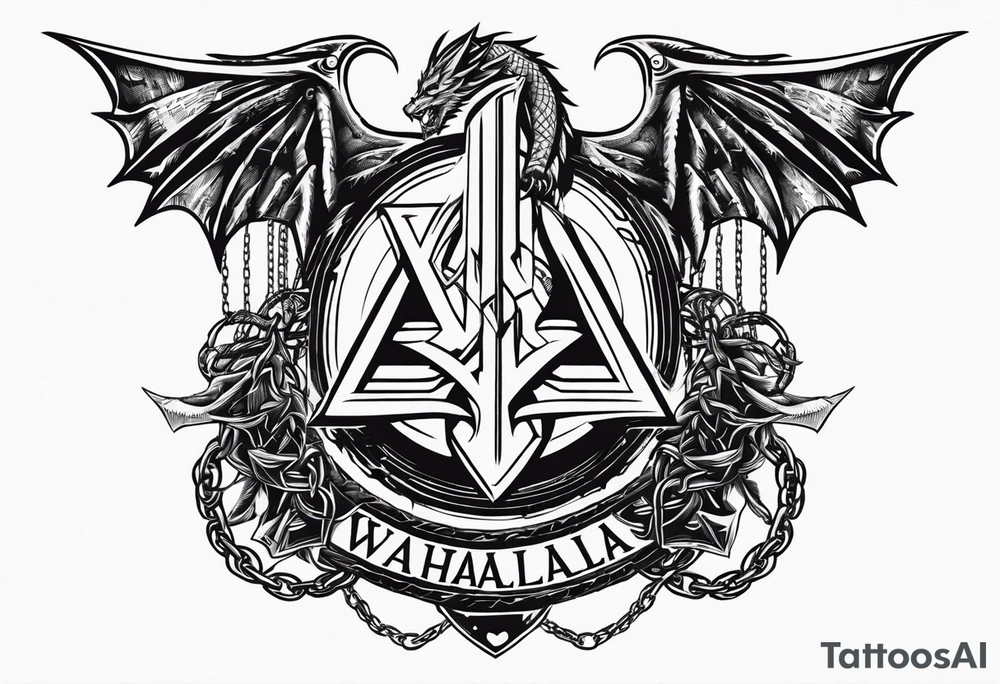 Valhalla sword shield dragon axe Valknut barbed wire chains tattoo idea Valhalla sword shield dragon axe Valknut barbed wire chains tattoo idea