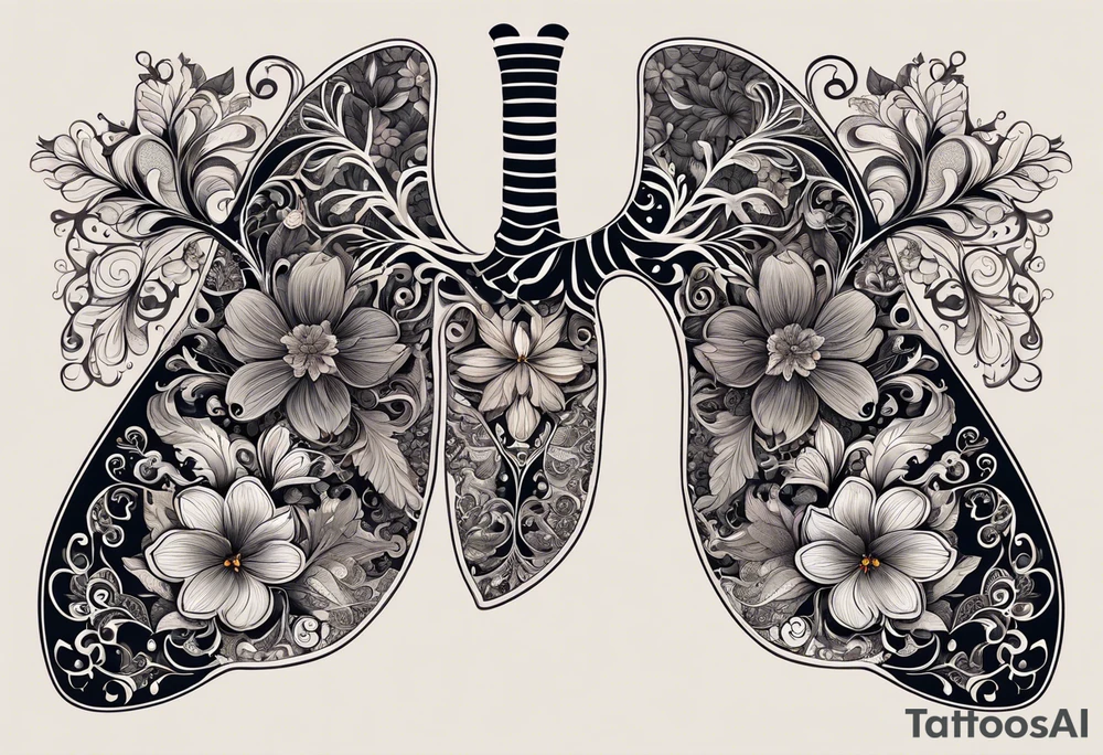intricate and artistic arrangement of flowers and ornamental patterns that come together to form the shape of human lungs. The design should have a balance of delicacy and detail, with vibrant floral elements seamlessly intertwining to mimic the structure of the lungs, including the bronchi branching into floral motifs. Incorporate subtle shading and depth to give the tattoo a dynamic and organic feel, while maintaining elegance and symmetry tattoo idea