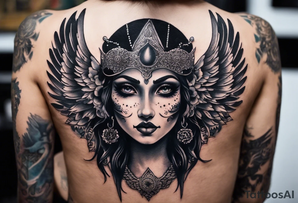 black kali, goddess pirate, alien, angel, pachamama, valkrye, warrior, flying, skull, lotus azul, wing, eagle, zenza resonance, stars, 5D, anahata chakra, death, durga, riding on a tiger, flying lady, chest tatoo tattoo idea
