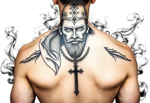Saint judas realistic and smoke background tattoo idea