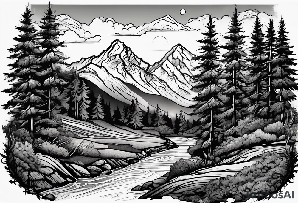 Road, mountain, trees, river, compass tattoo idea